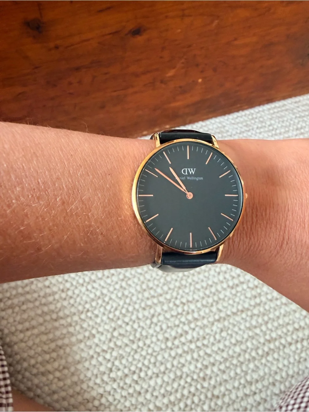 Daniel Wellington Black Dial Watch with Rose Gold Case and Black Leather Strap